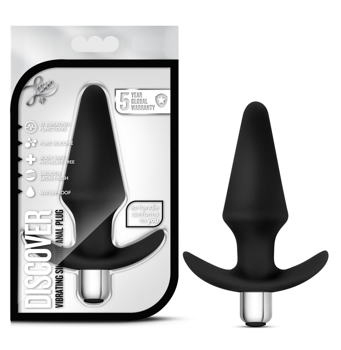 Blush Luxe 5" Discover Vibrating Starter Anal Plug, Ultrasilk Silicone Tapered Butt Plug, 10 Vibe Modes, EZ Handle, IPX7, Removable Bullet - 2-in-1 Play Adult Sex Toy for Women, Men, Couples - (Black)