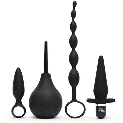 Fifty Shades of Grey 4 Piece Anal Toys Starter Kit - with Silicone Butt Plug, Vibrating Butt Plug, Anal Beads & Douche - Waterproof - Black