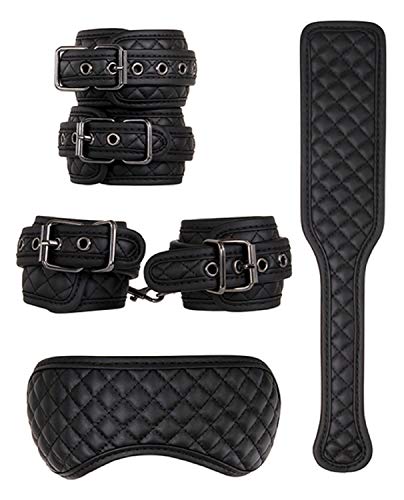 Adam & Eve - Eve's Fetish Dreams Beginner Bondage Set - Includes Spanking Paddle, Ankle Cuffs, Blindfold, Wrist Cuffs - Black