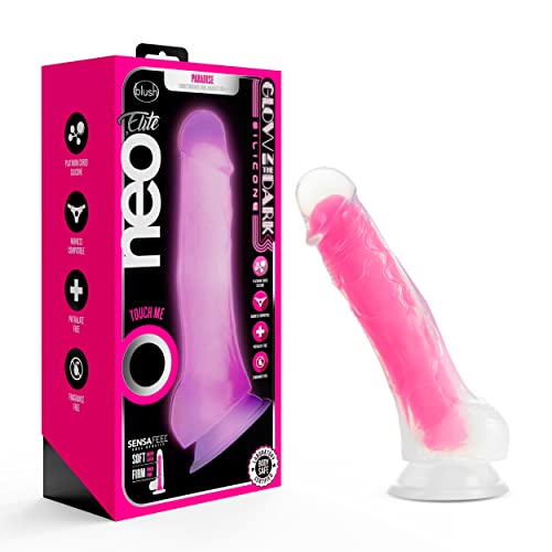Blush Novelties Neo Elite - 7.5Silicone Dildo with Balls - 1.5Thick Glow in The Dark Sensa Feel Dual Density - Strap On Compatible Sturdy Suction Cup for Hands Free Play - Body Safe Sex Toy