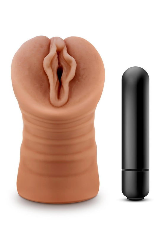 Blush Novelties M for Men by - Ultra Soft Realistic Vagina Masturbator Stroker - Single Speed Vibrating Bullet Included - Open Ended, Ribbed & Tight, Engulfs Your Penis - Pocket Sized Male Sex Toy