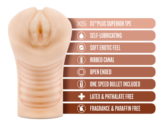 Blush Novelties M Elite by - Soft and Wet Stroker Annabelle - 5.75Self Lubricating Ribbed Masturbator - Single Speed Vibrating Bullet Included - Open Ended - Incredibly Realistic Look & Feel Sex Toy