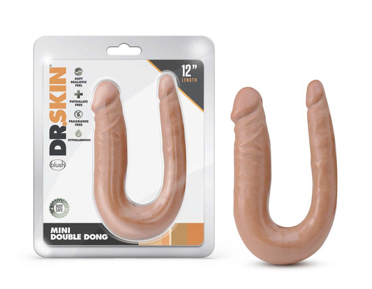 Blush Dr. Skin Mini Double Dong – 12.5 Inch Realistic Double Ended Dildo with Easy-Grip U-Shape Handle – Girthy Dual Sided Dildo for G-Spot & Anal Play – Double Penetration Sex Toys for Women Couples