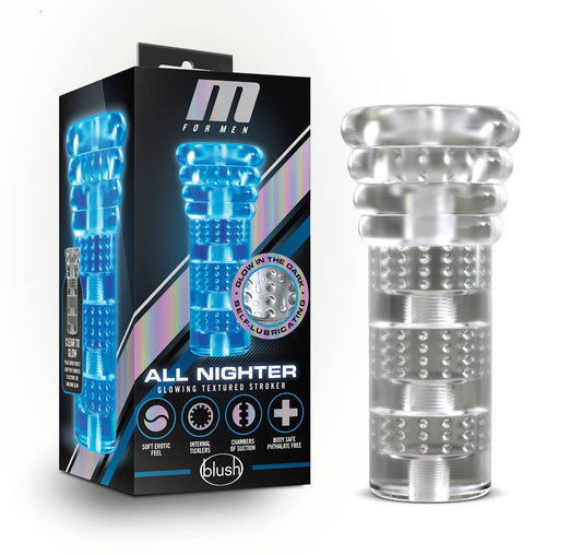 Blush Novelties M for Men All Nighter - Self Lubricating Glow in The Dark Pocket Pussy Stroker - 3 Chambers of Unique Textures for Ultimate Pleasure - Open Ended Snug Fit Masturbator Sex Toy for Men