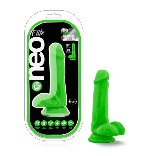 Blush Novelties Neo Elite Dual Density 6 Inch Dildo - 1.25Thick Shaft - Strap On Compatible Sturdy Suction Cup for Hands Free Play - Body Safe Adult Sex Toy - Waterproof - Neon Green