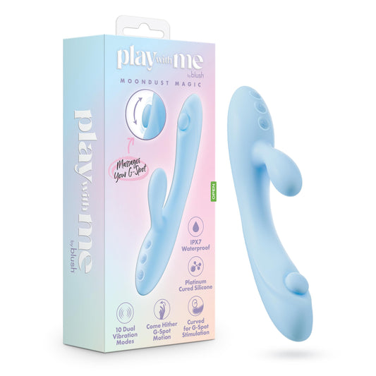 Blush Novelties Play with Me - Moondust Magic 8 Inch G Spot Clitoral Rabbit Vibrator - 10 Modes - Come Hither G-Spot Technology – Platinum Cured Silicone – IPX7 Waterproof - Adult Sex Toy – Blue