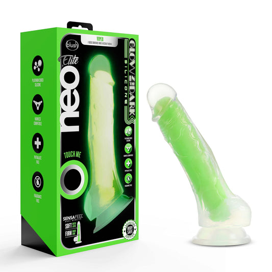 Blush Novelties Neo Elite Glow in The Dark Silicone Dildo with Balls - 7.5Length & 1.5Width - Sensa Feel Dual Density - Sturdy Suction Cup Base for Hands Free Play & Harness Compatible Sex Toy