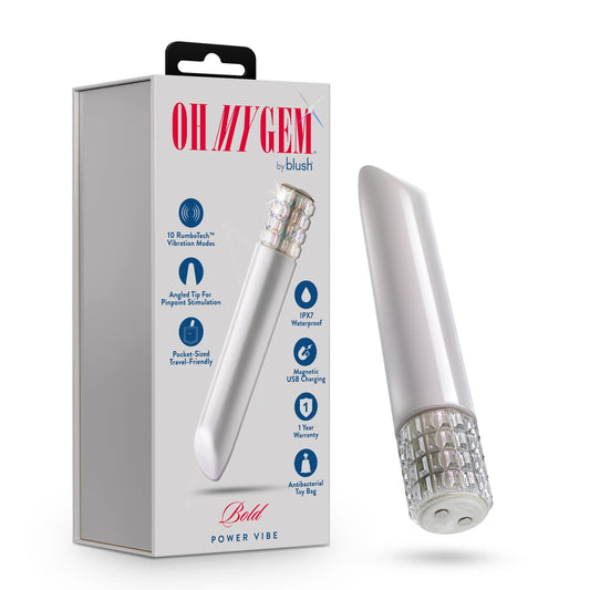 Blush Sex Toys - Oh My Gem Bold Power Vibe - Gem Base Bullet Vibrator - 5 Inch - 10 RumboTech Vibration Modes - Clitoral g-Spot Nipple Stimulator - Waterproof Mini Massager for Women & Couples - White