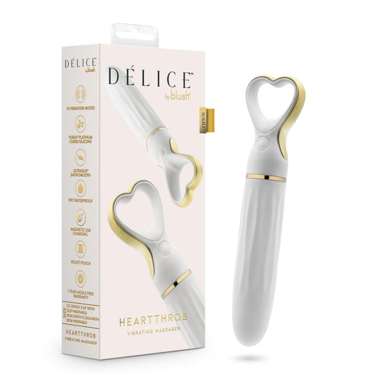 Blush 5.5" Delice Heartthrob Silicone Bullet Vibrator - Heart Handle Tapered Tip Clit & Nipple Stimulator w/ 10 USB Charge Vibe - UltraSilk Feel Palm Size Women & Couples Adult Sex Toy - White Bouquet