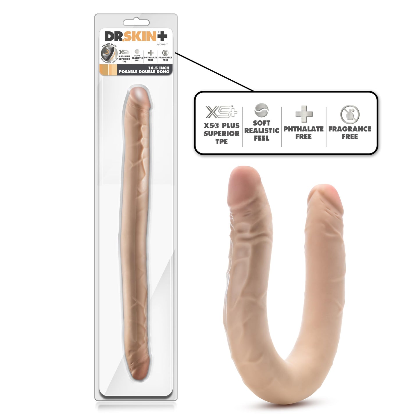 Blush Novelties Dr. Skin Plus - 16.5 Inch Double Dong - Extra Long Double-Ended Dildo with A Realistic Posable Shaft - X5® Plus, Superior TPE - 100% Body-Safe & Phthalate Free - Adult Sex Toy - Beige