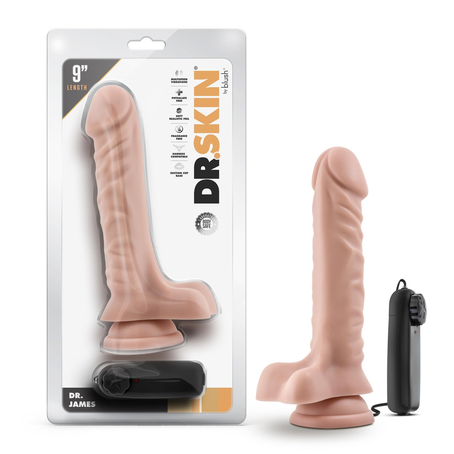 Blush Novelties Dr. Skin - 9.5 Inch Lifelike Realistic Remote Control Vibrating Dildo - 1.75in Thick - Strap On Compatible Suction Cup for Hands Free Play - Multi-Speed Vibrator for Women Men - Beige