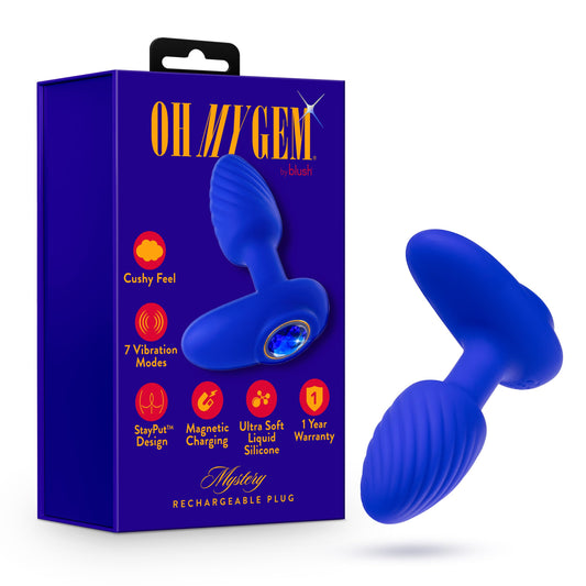 Blush Novelties - Blush Oh My Gem - Mystery 4 Inch Vibrating Anal Plug Massager with StayputT Design & Sapphire Gem Base - 7 Vibration Modes - Platinum Cured Liquid Silicone - Adult Sex Toy - in Blue