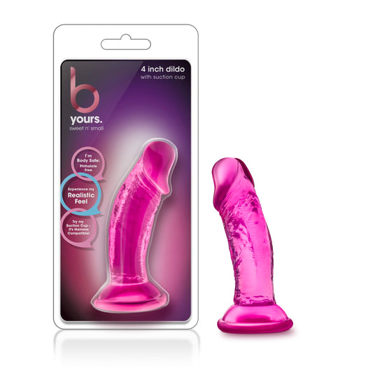 Blush Adult Sex Toys - B Yours, Sweet n Small Realistic 4.5 Inch Short Dildo - 1.25 Inch Wide Strap On Ready Suction Cup - Body Safe, Non Porous Soft - Pegging, Anal - Women Men Couples - Clear Pink