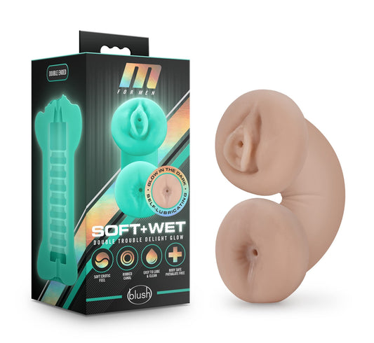 Blush Novelties M for Men Double Trouble - 2 in 1 Anal and Vagina Self Lubricating Glow in The Dark Male Masturbator Stroker - Use Solo Or As A Couple - 1 Size Fits All - Sex Toy