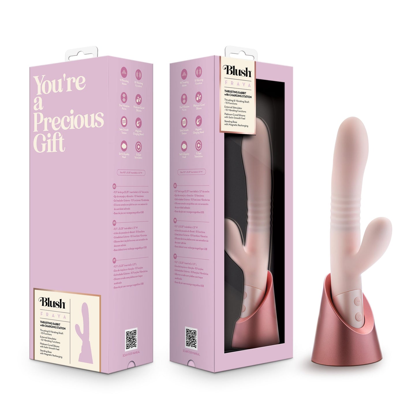 Blush Novelties - Blush Fraya 9.5 Inch Silicone G Spot Clitoral Dual Stimulation Rabbit Vibrator in Pink - 10 Thrusting Vibration Modes - Deluxe Magnetic USB Charging Stand - Adult Sex Toy