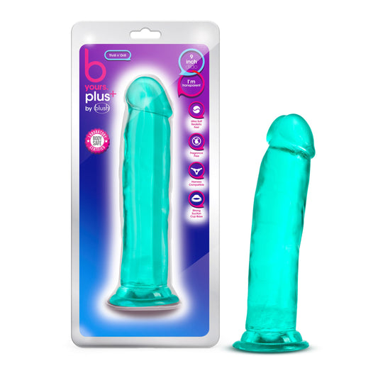 Blush Novelties B Yours Plus Thrill n Drill - Realistic 9.5 Inch Crystal Clear Soft Dildo - Powerful Suction Cup Base for Hands Free Play - Harness Strap On Compatible - Sex Toy for Her Him