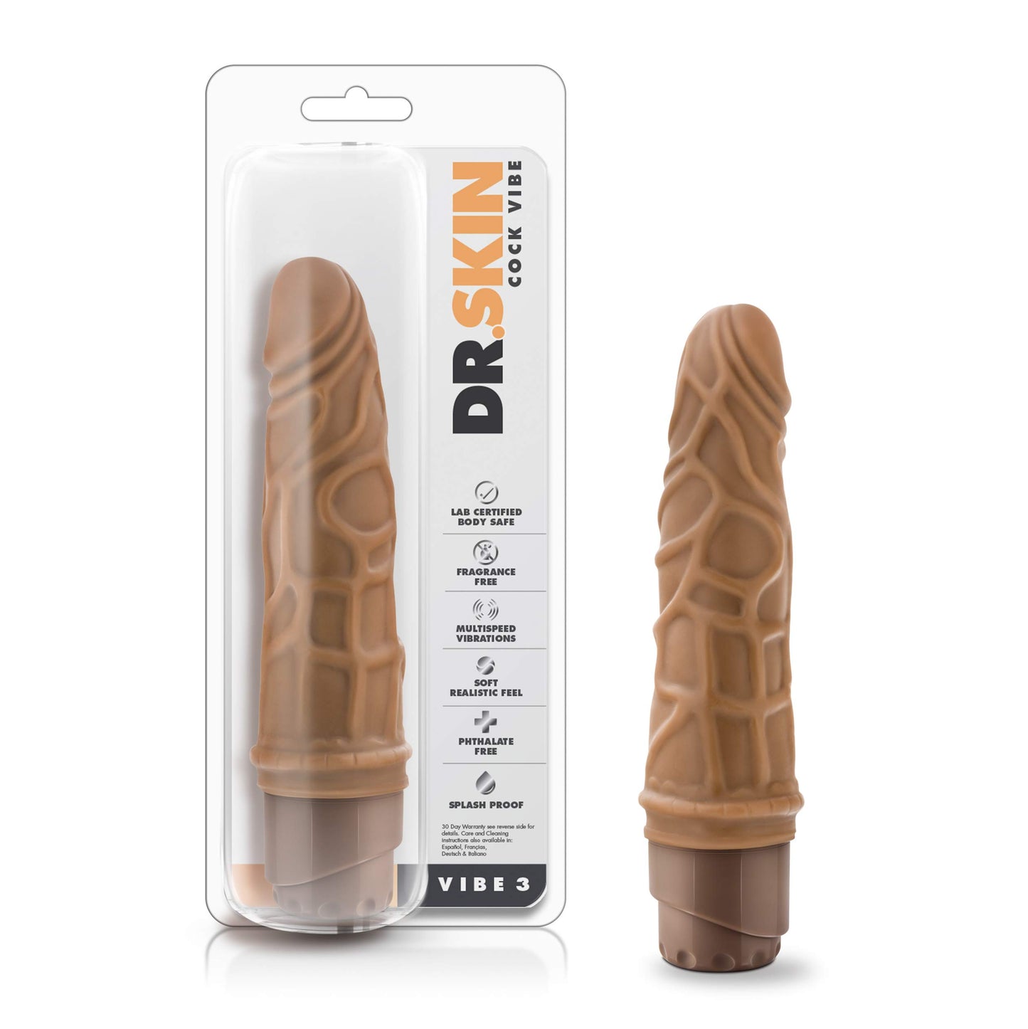Blush Novelties Dr Skin Vibe 3 - Feels Real 7.25 Inch Realistic Vibrating Dildo - 1.75 in Width - IPX7 Waterproof - Soft Body Safe Material Multi Speed Bendable Vibrator - Sex Toy for Couples - Mocha