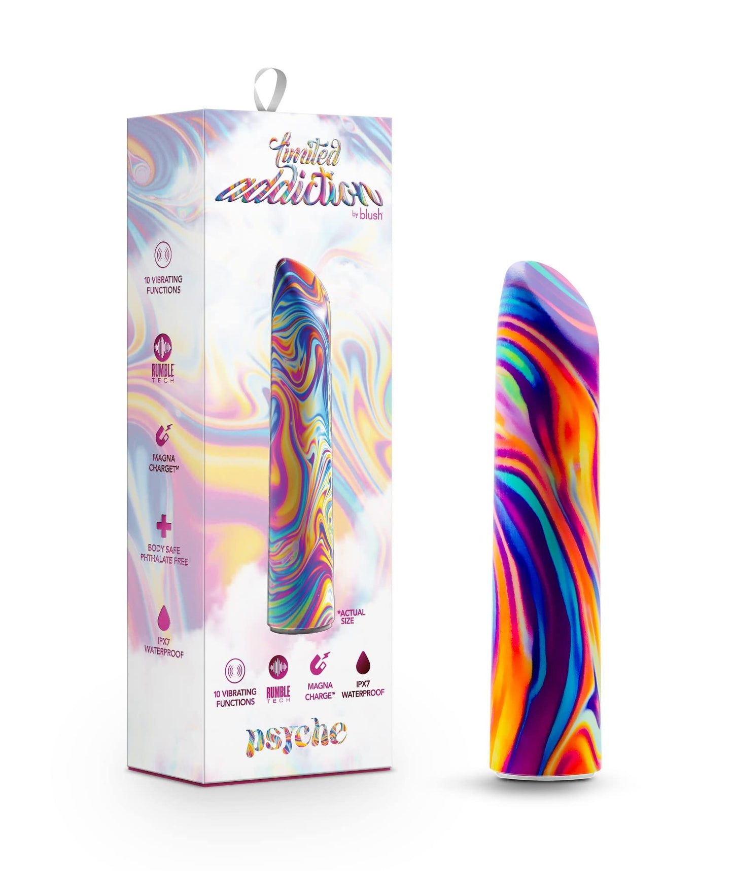 Blush 4" Limited Addiction Psyche Power Vibe Rainbow Vibrator, 10 RumboTech Powerful Rumbly Vibes, Satin Smooth Feel, Chargeable, IPX7, Multi Speed Clitoral Vibrating Women Men Couples Adult Sex Toy