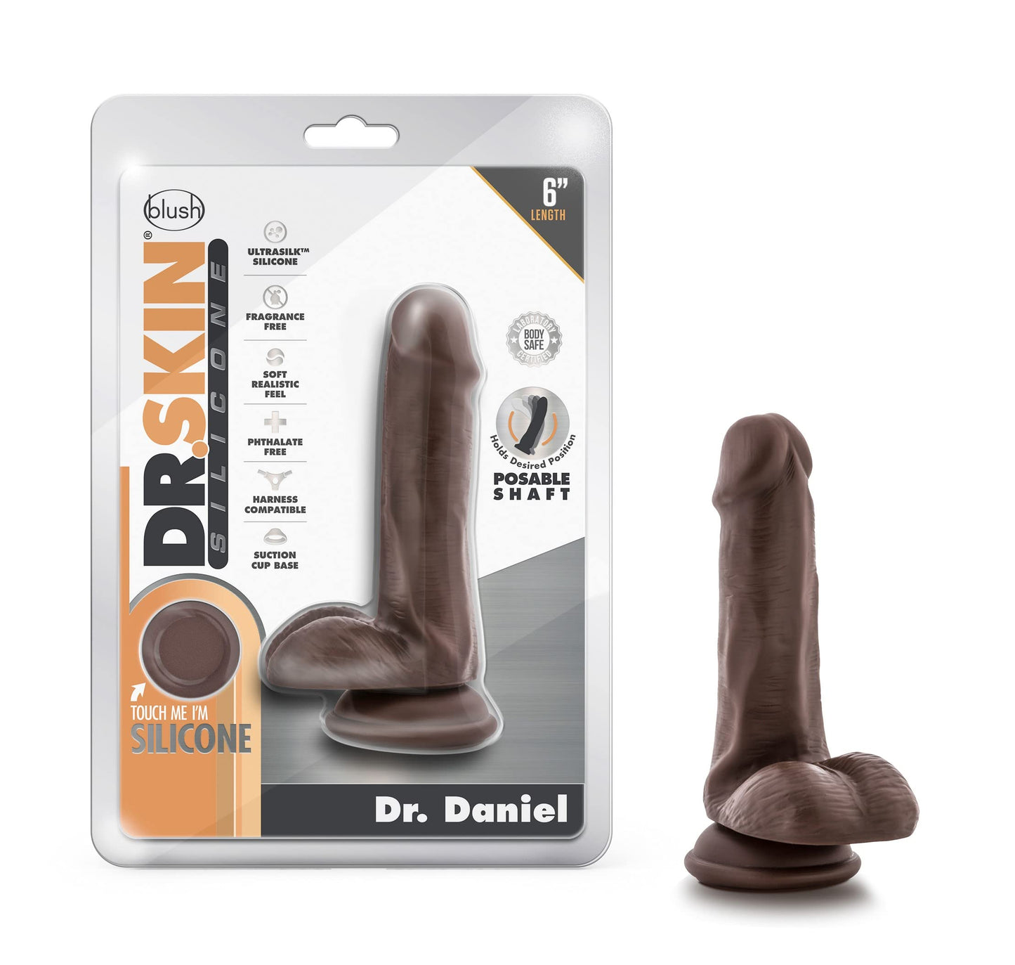 Blush Novelties Dr. Skin - Dr. Daniel - 9 Inch Realistic Dildo with Suction Cup - Harness Compatible - Posable - Silky Smooth - Platinum Cured Silicone - Sex Toy for Men Women Couples - Chocolate