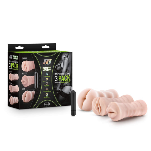 Blush Novelties - M for Men - 3 Pack Self-Lubricating Realistic Stroker Sleeve Kit with Vibrating Bullet - Anal Vagina Mouth Open Ended to Fit All Size - Male Masturbator - Vanilla