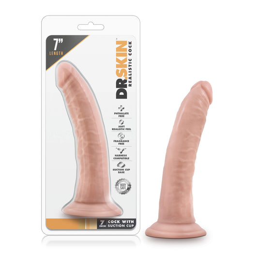Blush Novelties Adult Sex Toys - Dr. Skin Realistic 7 Inch Dildo - 1.5 Inch Thick O Ring Strap On Harness Compatible Suction Cup Base - Body-Safe Tapered Head Fantacy Play - Women Men Couples - Vanila