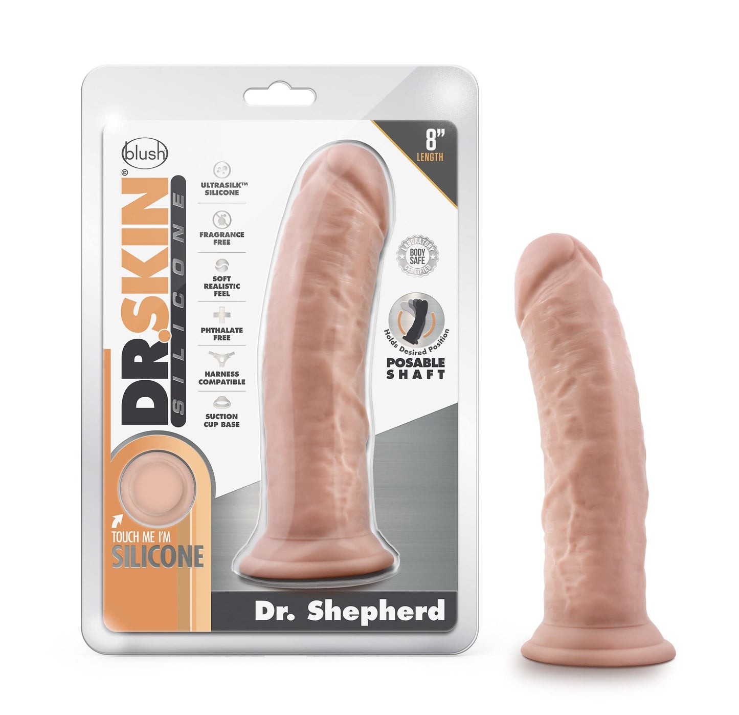 Blush Novelties Dr. Skin Silicone - 8 Inch Realistic Platinum Cured Dong - Powerful Suction Cup for Hands Free Play and Harness Compatible - Posable Shaft Contours to Your Body - Sex Toy