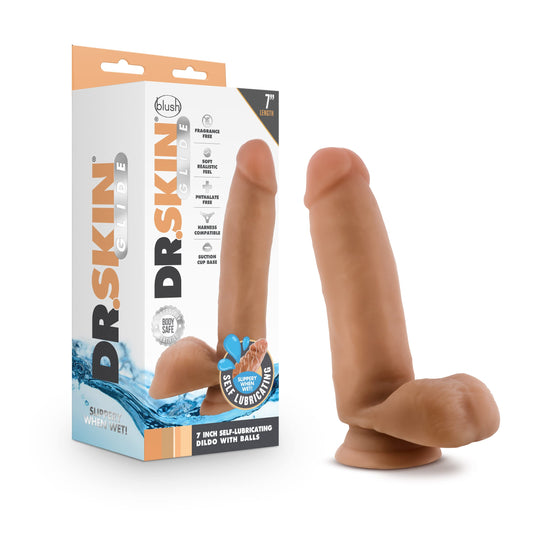 Blush Novelties Dr. Skin Glide 7 Inch Self Lubricating Dildo with Balls Suction Cup Harness Compatible Body Safe Realistic Look and Feel Sex Toy for Her Him Couples Mocha