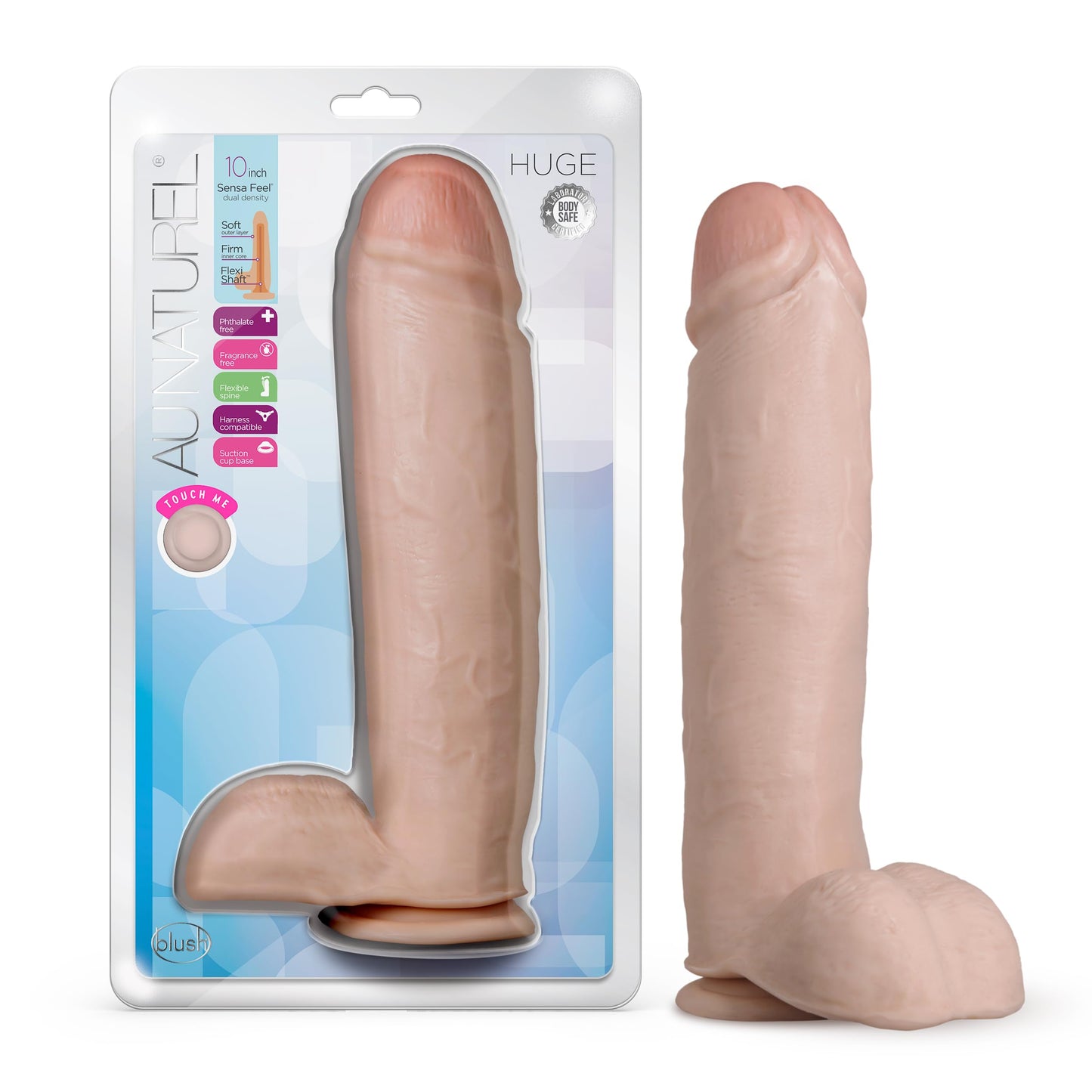 Blush Au Naturel 10.5 Inch Realistic Dual-Density Dildo – Soft & Firm SensaFeel Shaft Girthy Penis – Suction Cup & Strap-On Ready for G Spot & Anal Play – Adult Sex Toy for Women Men Couples - Vanilla