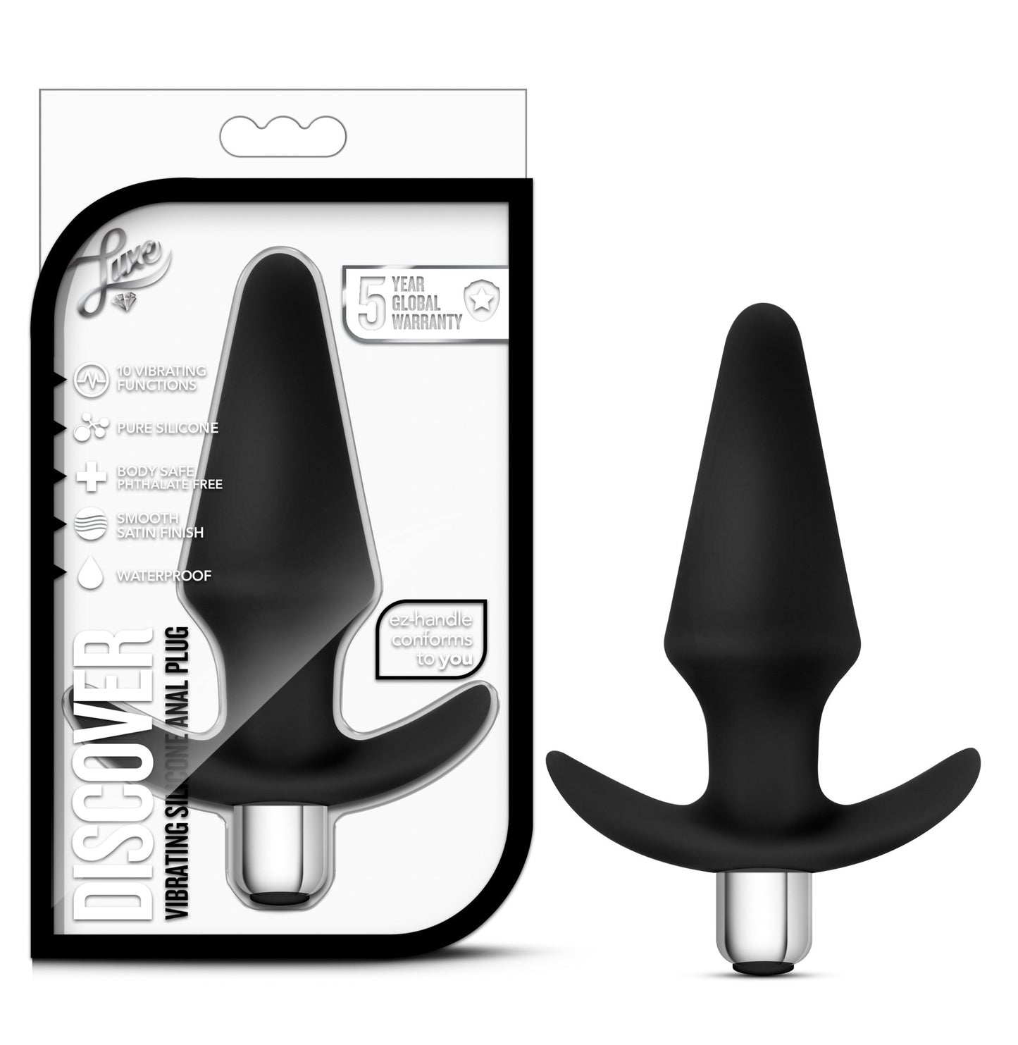 Blush Novelties Discover - 10 Vibration Modes Platinum Puria Silicone Anal Plug - 5" Tapered Plug for Comfort - Satin Smooth Ultrasilk - AnchorTech & StayPut Design - IPX7 Waterproof - Couples- Black
