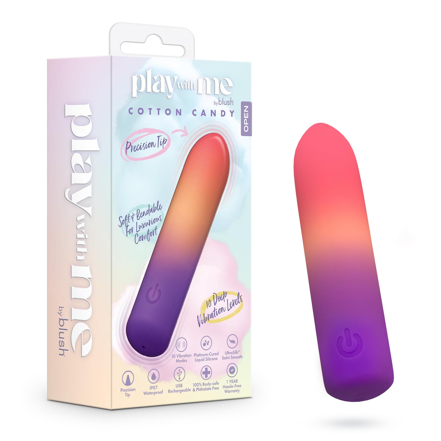 Blush Play with Me–Cotton Candy 4 Inch Bullet Pocket Vibrator–10 Vibration Modes for Nipple Clitoral & G-Spot Pleasure–Body-Safe Liquid Silicone–USB Rechargeable & Waterproof–Sex Toy for Women