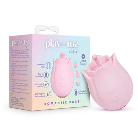 Blush Play With Me 3.25" Romantic Rose Silicone Vibrator w/ 3 Rosebud Attachment Heads, Clit & Nipple Stimulator UltraSilk Massager for Women, 10 Vibe Modes, USB Charge, Pink Splashproof Adult Sex Toy