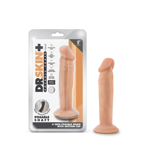 Blush Novelties Dr. Skin Plus - 6 Inch Realistic Posable Dildo - Suction Cup Base for Hands Free Play and Harness Compatible - Triple Density and Flexible Sex Toy for Him Her Couples