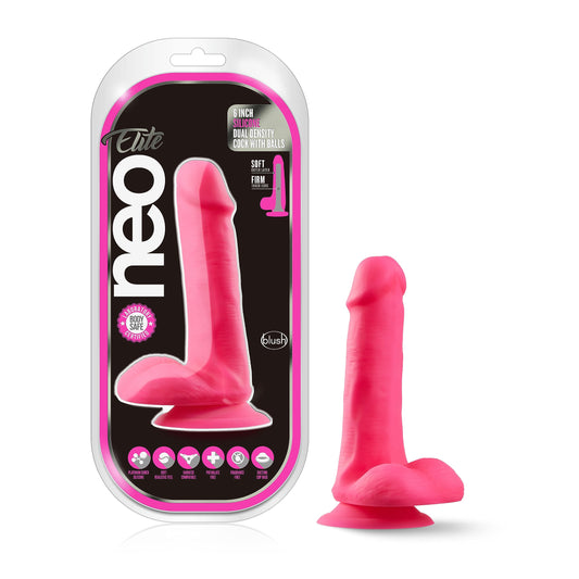 Blush Novelties Neo Elite Silicone Dual Density 6 Inch Dildo | Ultrasilk Silicone |Suction Cup Base & Harness Compatible for Hands-Free Fun | Realistic | Waterproof | Neon Pink