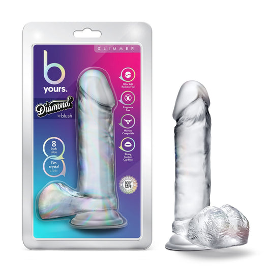 Blush Novelties B Yours Diamond Glimmer - Lifelike Realistic Dildo - Powerful Suction Cup for Hands Free Play and - Clear to Watch During Play - Curved for G Spot Stimulation - Sex Toy for Him Her