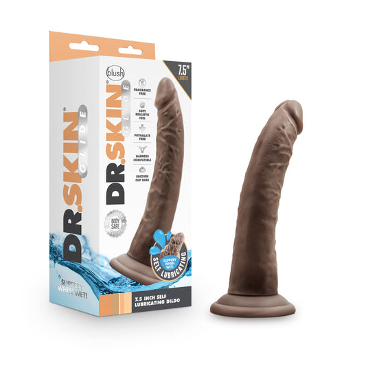 Blush Novelties Dr. Skin Glide - 7.5 Inch Self Lubricating Feels Like Skin Soft Realistic Dildo - Slim 1.5 Inch Thick - Sturdy Strap On Compatible Suction Cup for Hands Free Play - Sex Toy
