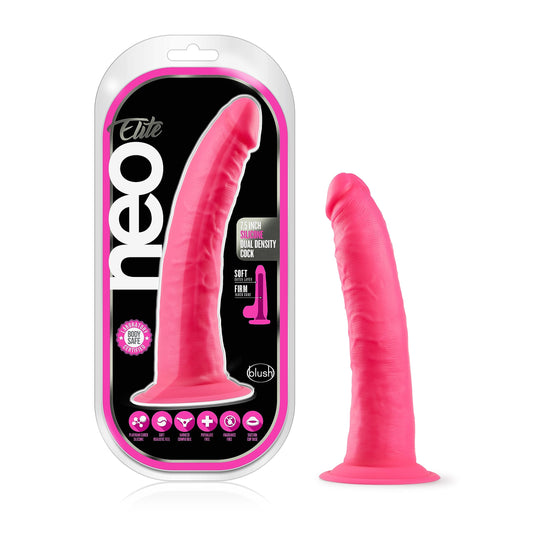 Blush Neo Elite 7.5" Beginners Silicone Dildo, Dual Density Ultrasilk Realistic Cock - Sensa Feel Tech, Suction Cup, Strap-On Compatible - Pegging Adult Sex Toy for Women, Men & Couples - (Neon Pink)