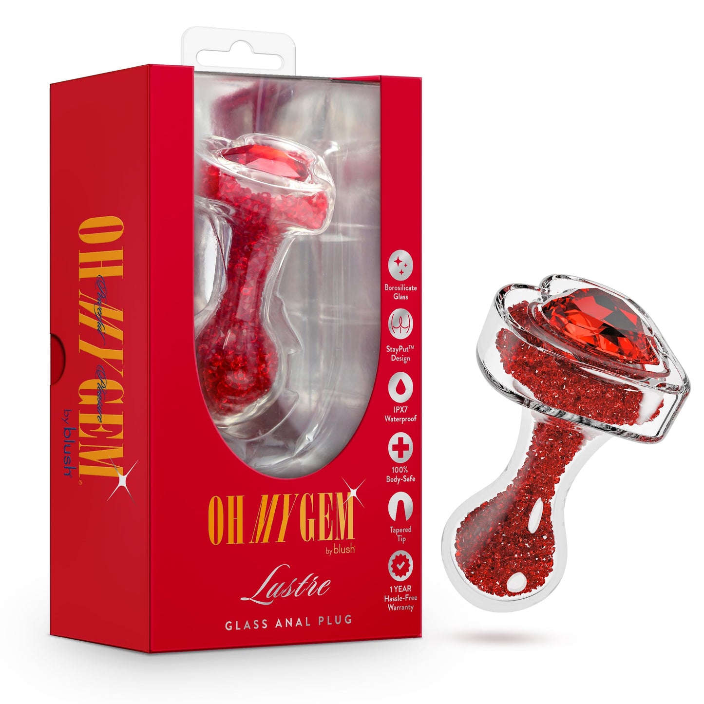 Blush Oh My Gem Lustre 3.25" Glass Butt Plug - Tapered Tip, StayPut Design - Ruby Gem Heart Base, Body-Safe Borosilicate Glass, Beginner Jewel Anal Plug Sex Toy for Women, Men & Couples - (Red)