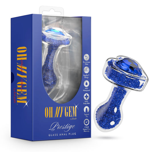 Blush Oh My Gem Lustre 3.25" Glass Butt Plug - Tapered Tip, StayPut Design - Ruby Gem Heart Base, Body-Safe Borosilicate Glass, Beginner Jewel Anal Plug Sex Toy for Women, Men & Couples - (Blue)