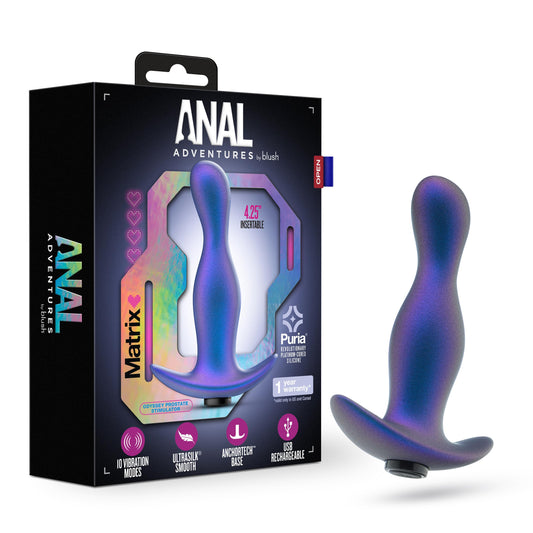 Blush Novelties Anal Adventures Matrix- Odyssey Vibrating Prostate Stimulator with AnchorTechT Base- 10 Vibration Modes- Puria® Platinum Cured Silicone- UltraSilk® Satin Smooth - Adult Sex Toy - Blue