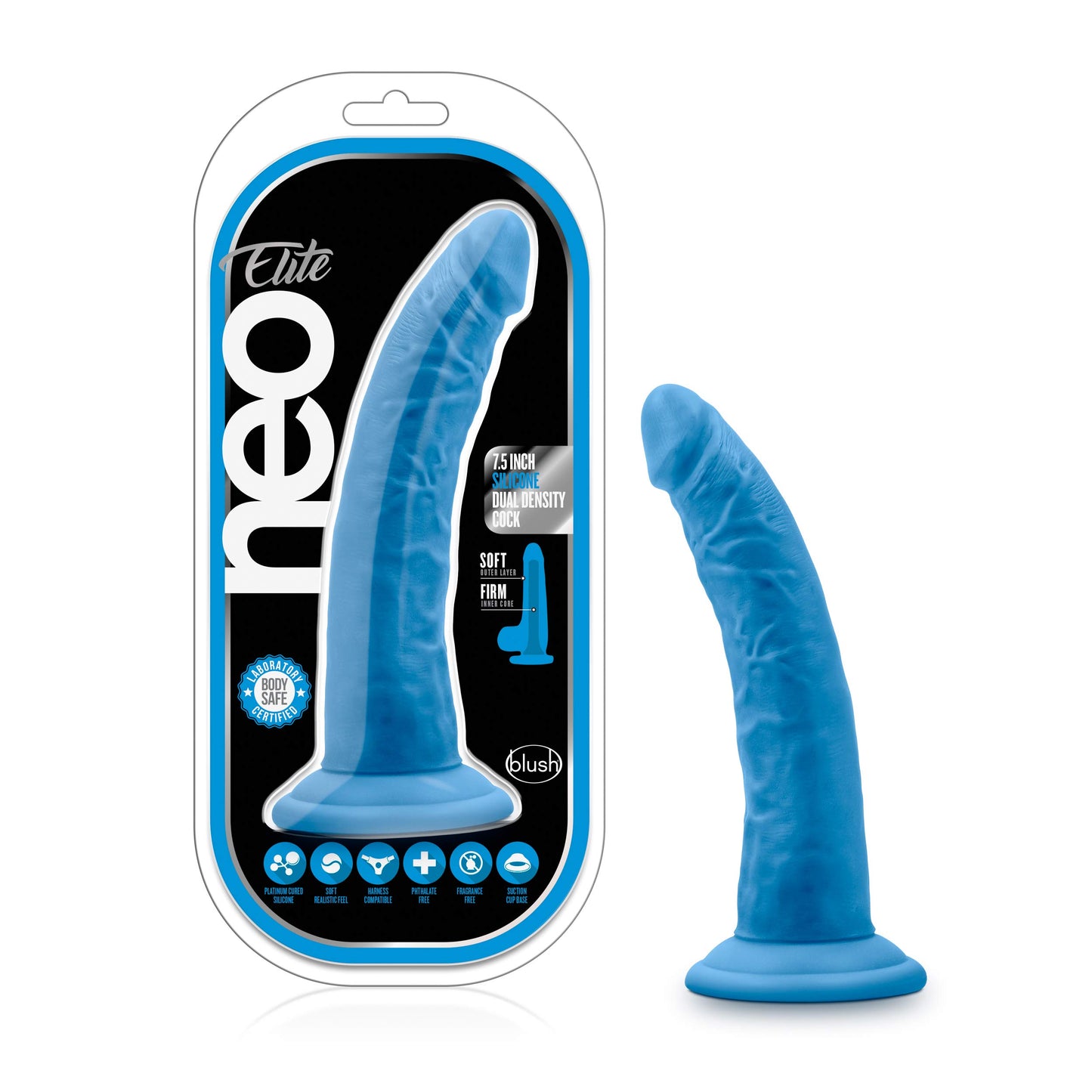Blush Neo Elite 7.5” Realistic Silicone Dildo - Dual Density Soft Yet Firm Cock - Suction Cup, Strap-On Compatible - Anal & Vaginal Pleasure Play - Adult Sex Toy for Women, Men & Couples - (Neon Blue)