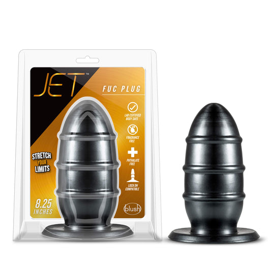 Blush Jet Fuc Plug 8.25" Extra-Large Butt Plug, 3.5" Width - Advanced Users Ribbed Girthy Anal Plug - Tapered Tip, Lock On Base, Body Safe PVC Adult Sex Toy for Women, Men & Couples - (Metallic Black)