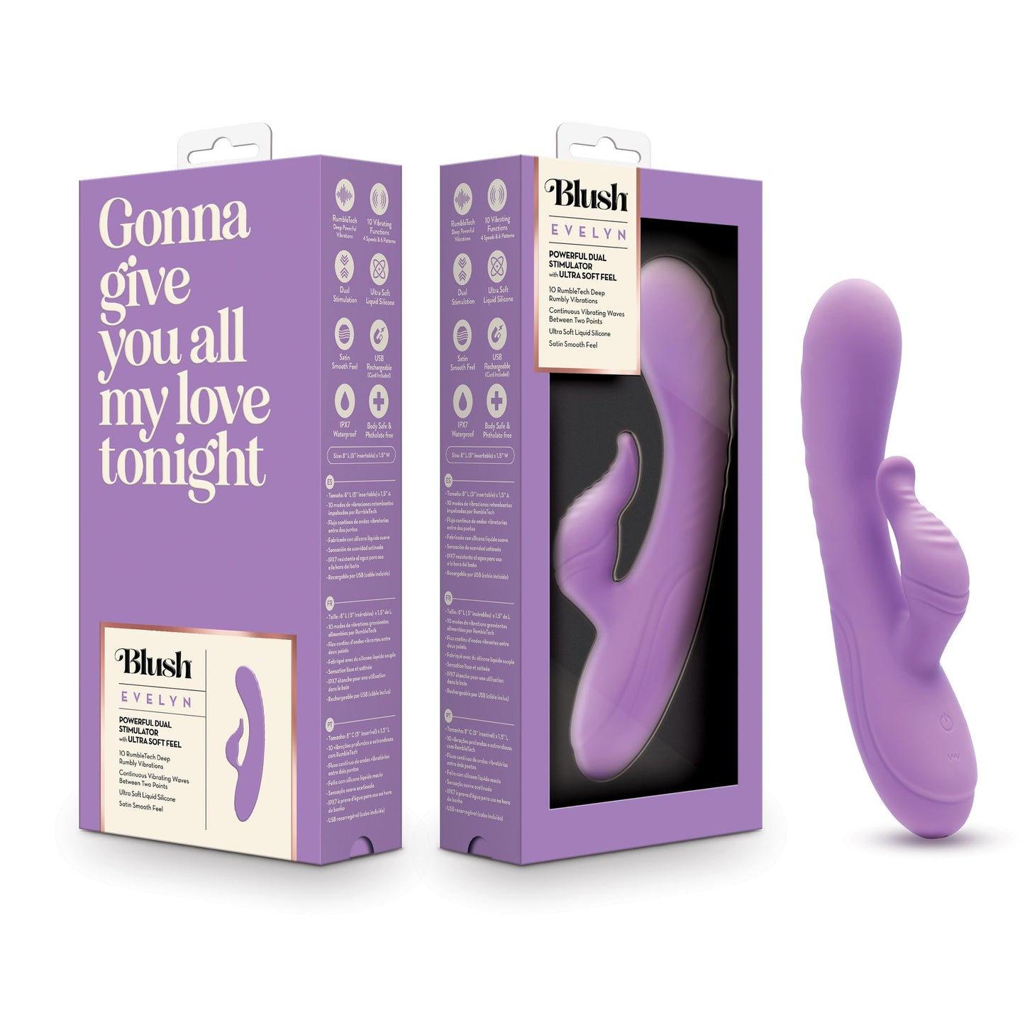 Blush Novelties Evelyn - 8 Inch Liquid Silicone Quiet G-Spot Rabbit Vibrator with Clitoral Stimulator - 10 Mode Motor - USB Rechargeable Battery Operated Dildo - IPX7 Waterproof Sex Toy - Purple