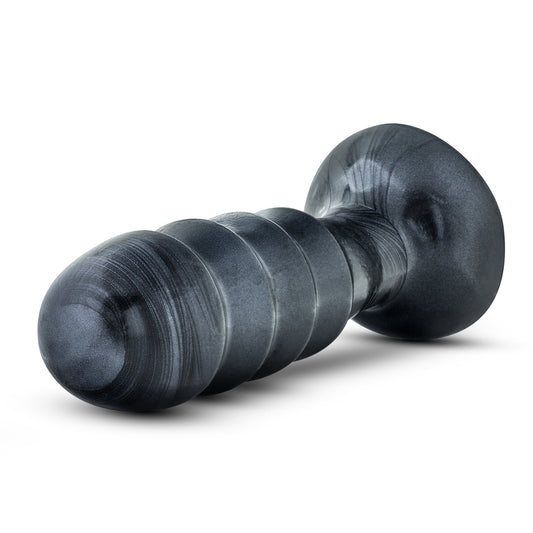 Blush Novelties Jet Bruiser - 7 1/2 Inch Oversized 2.25" Thick Ridged Probe Tapered Ribbed Suction Cup Anal Butt Plug Sex Toy for Partner Play - Adult Toys for Couples - Carbon Metallic Black