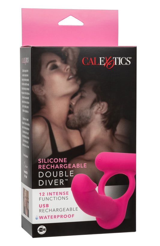 CalExotics Silicone Rechargeable Double Diver – Rechargeable Pleasure Probe Ring – Waterproof Massager Sex Toy for Couples – Pink