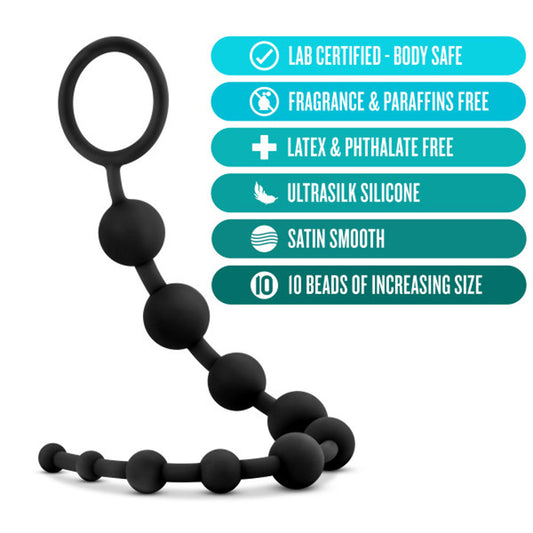 Blush Novelties Sex Toys - Anal Adventures Platinum - Ultrasilk Silicone 10 Beads - Graduated Sizes - 12.5 Inch Long - Beginners Training Smooth Satin Finish - Anal Beads - Women Men Couples - Black