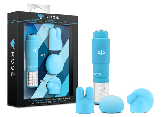Blush Novelties Rose Revitalize Massage Kit - Massager, External Massager Vibrator - 3 Ultrasilk Smooth Puria Silicone Attachments for Pleasure, Stress Relief - Waterproof - Pocket Sized - Blue