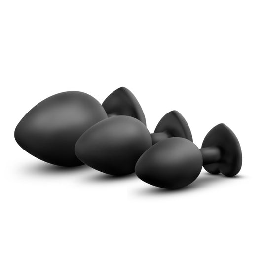 Blush Luxe Bling Silicone Anal Training Kit - 3 Heart-Shaped Soft Butt Plugs, Rainbow Gem Base, Tapered Beginner to Advanced Sizes, Body-Safe - Anal Adult Sex Toys for Women, Men & Couples - (Black)