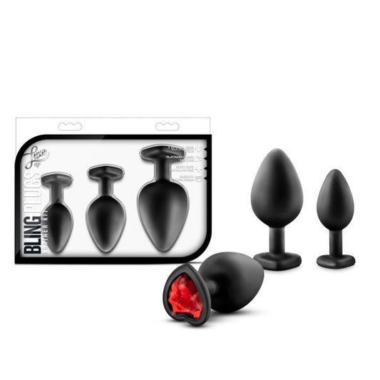Blush Luxe Bling Silicone Anal Training Plug Kit, 3-Pc Set - Heart-Shaped Base & Red Gem - S, M, L Size Bum Plug | Satin Smooth Ultrasilk Platinum-Cured Beginner Butt Plug for Women & Couples (Black)