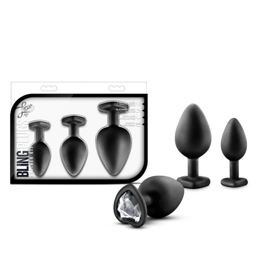Blush - Luxe Bling Butt Plug 3 Piece Training Kit - Three Different Sizes - Heart Shape Base with Gems - Puria Silicone Anal Sex Toy - Black Faux Diamond