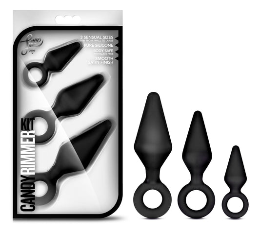 Blush Luxe Candy Rimmer Anal Training Kit - 3 Silicone Butt Plugs Set (Small, Medium & Large) - Satin Smooth Flexible Shaft, O-Ring Loop - Beginner Friendly Anal Plug for Women, Men & Women - (Black)